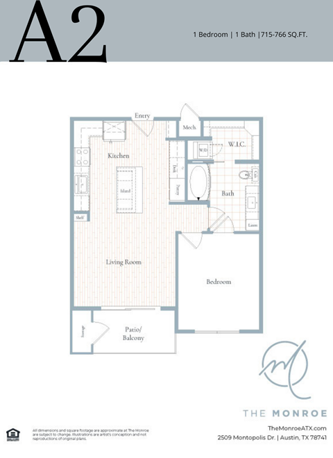 Floor plan for 1 bed, 1 bath, 766 sqft